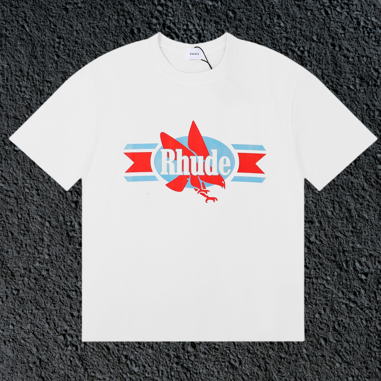 Rhude Red Maple Leaf Retro Ribbon Badge White Oversized T‑Shirt