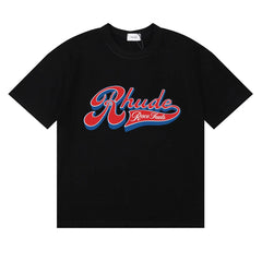 Rhude Retro Script Race Trust Logo Black Oversized T‑Shirt