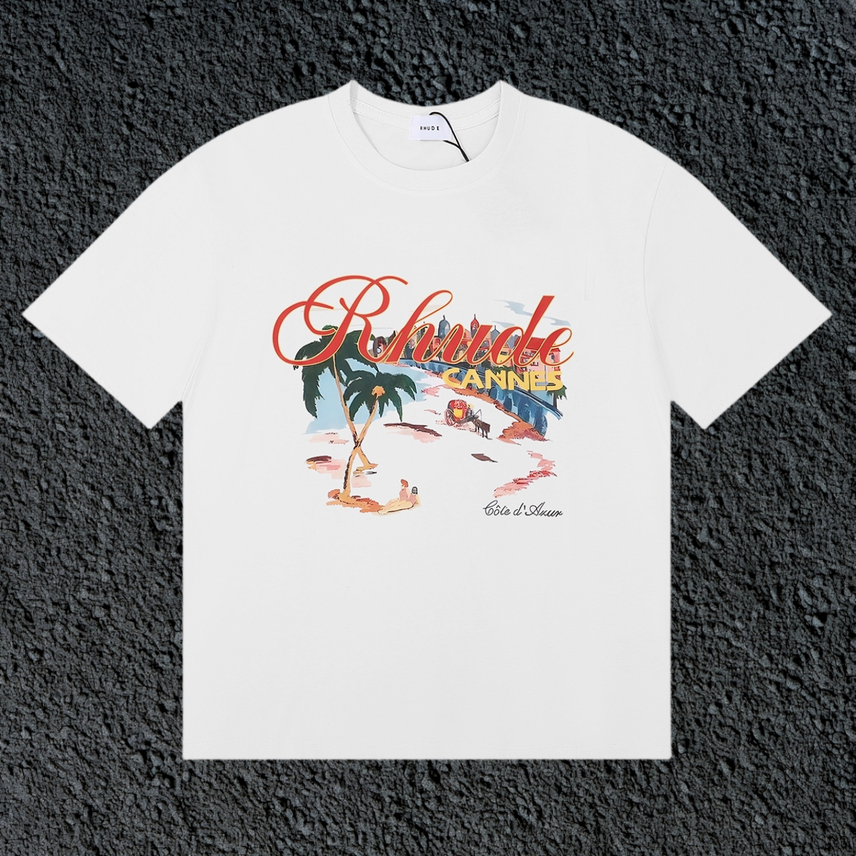 Rhude Cannes Tropical Beach Scene Script White Oversized T‑Shirt