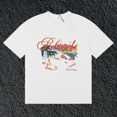 Rhude Cannes Tropical Beach Scene Script White Oversized T‑Shirt