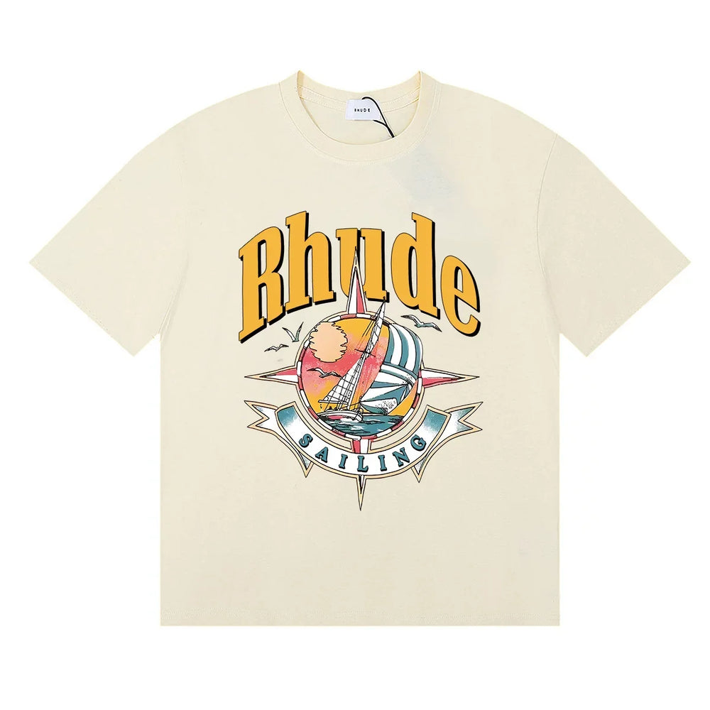 Rhude Sailing Compass Sailboat Vintage Graphic Cream Oversized T‑Shirt