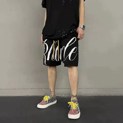 RHUDE niche American high street fashion brand summer letter big logo jacquard loose knitted yarn five quarter shorts