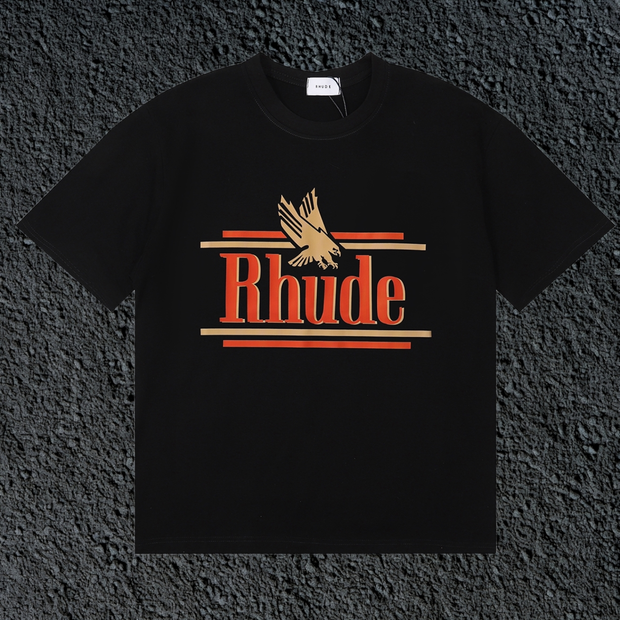 Rhude Eagle Striped Logo Vintage Black Oversized T‑Shirt