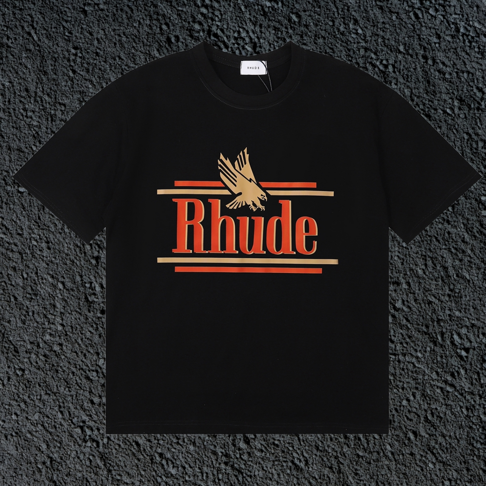 Rhude Eagle Striped Logo Vintage Black Oversized T‑Shirt