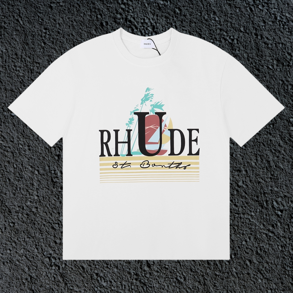 Rhude St Barts Palm Retro Striped Logo White Oversized T‑Shirt