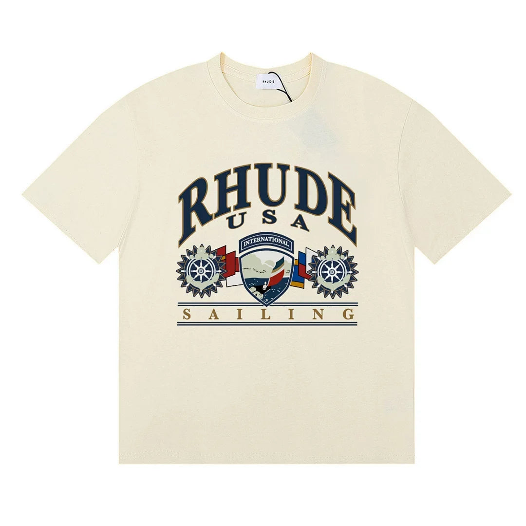 Rhude Retro Sailing Shield Print Casual Crew Neck T‑Shirt