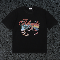 Rhude Cannes Tropical Beach Scene Script Black Oversized T‑Shirt