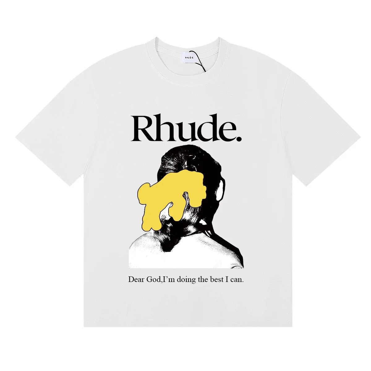 Rhude Dear God Portrait Text Quote White Oversized T‑Shirt