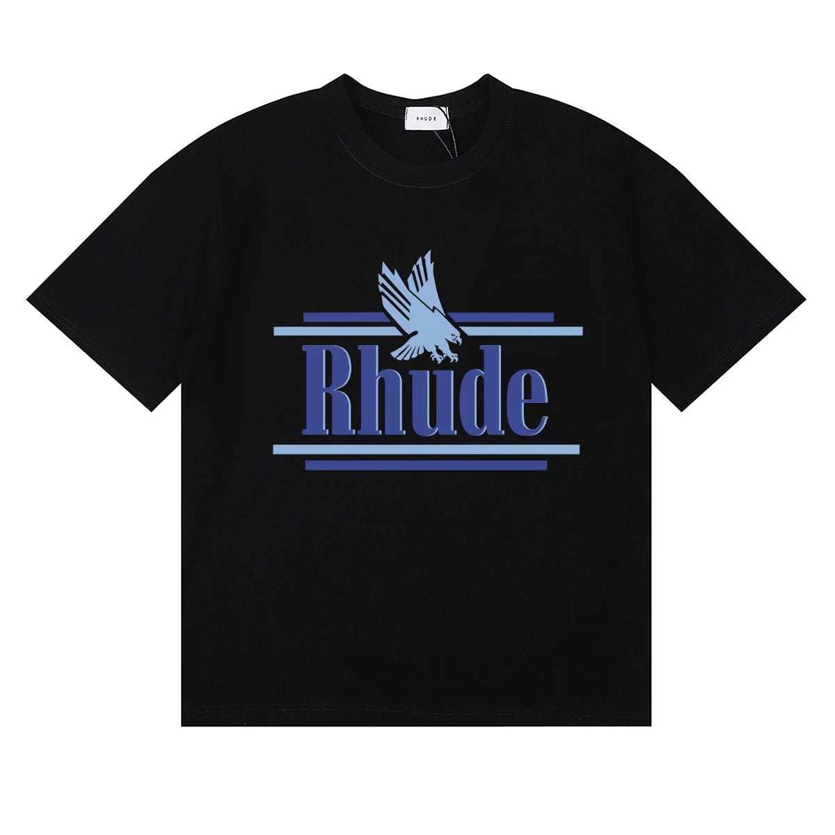Rhude Eagle Graphic Blue Logo Black Oversized T‑Shirt