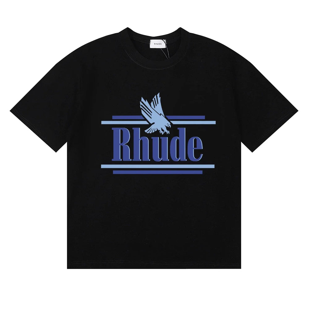 Rhude Eagle Graphic Blue Logo Black Oversized T‑Shirt