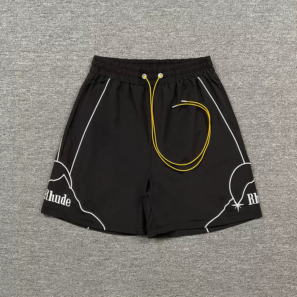 Rhude Outline Print Black Nylon Shorts
