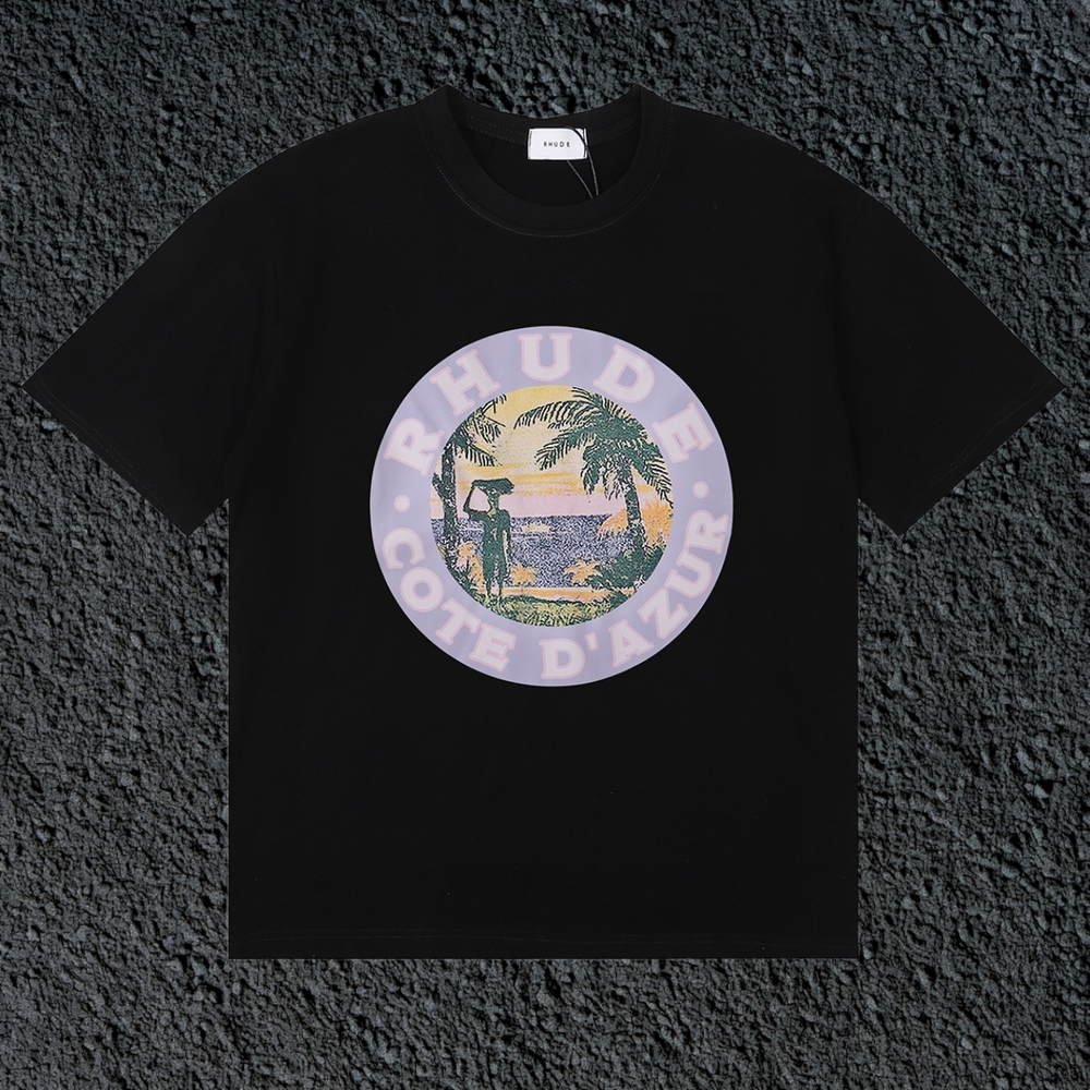 Rhude Cote D’Azur Circular Beach Badge Black Oversized T‑Shirt