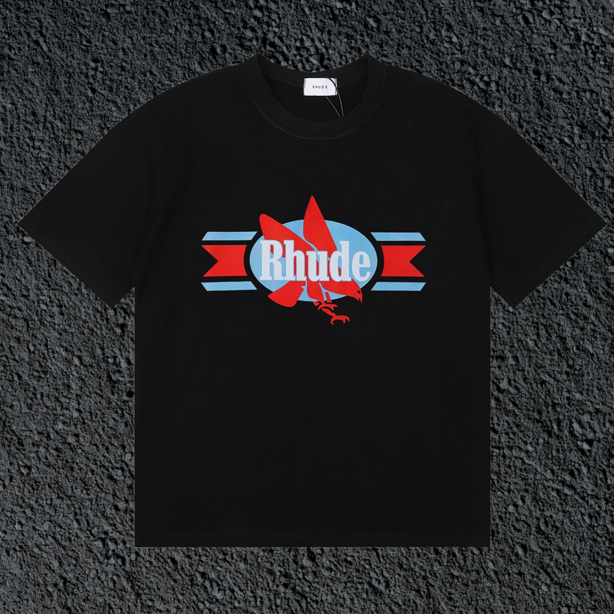 Rhude Red Maple Leaf Retro Ribbon Badge Black Oversized T‑Shirt