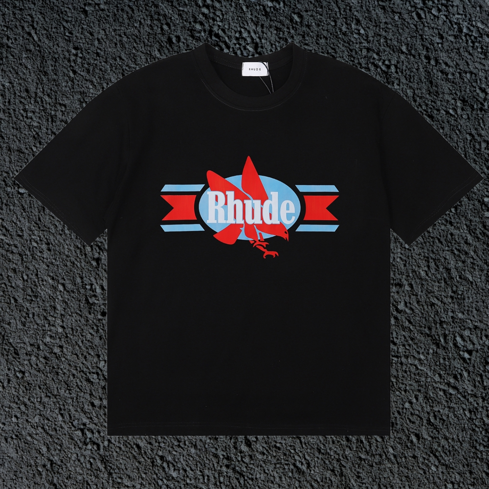 Rhude Red Maple Leaf Retro Ribbon Badge Black Oversized T‑Shirt