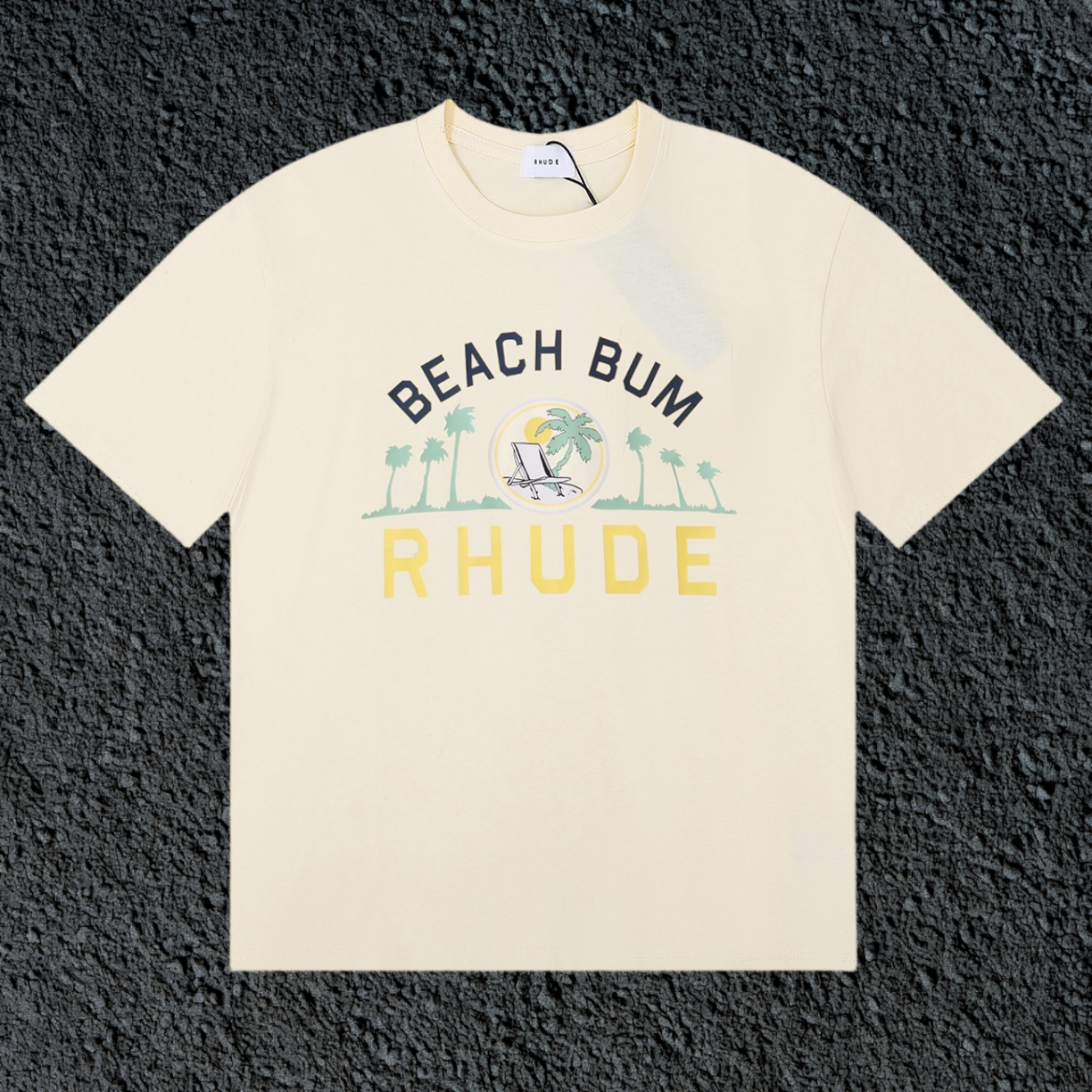 Rhude Beach Bum Palm Beach Retro Varsity Cream Oversized T‑Shirt