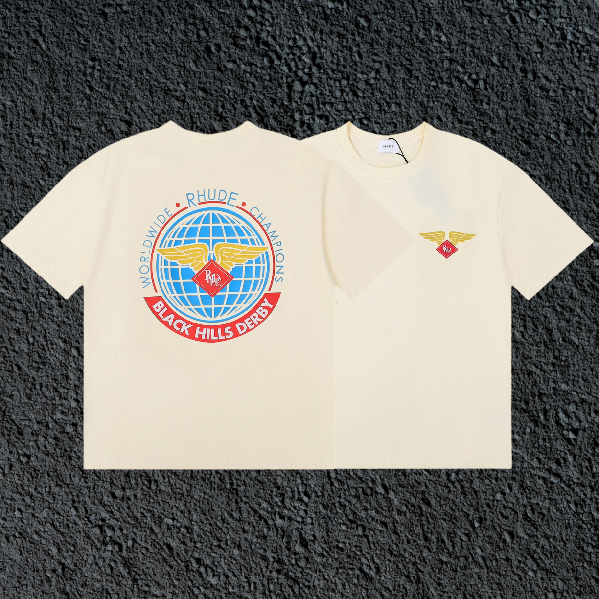 Rhude Black Hills Derby Globe Wing Back Print Cream Oversized T‑Shirt