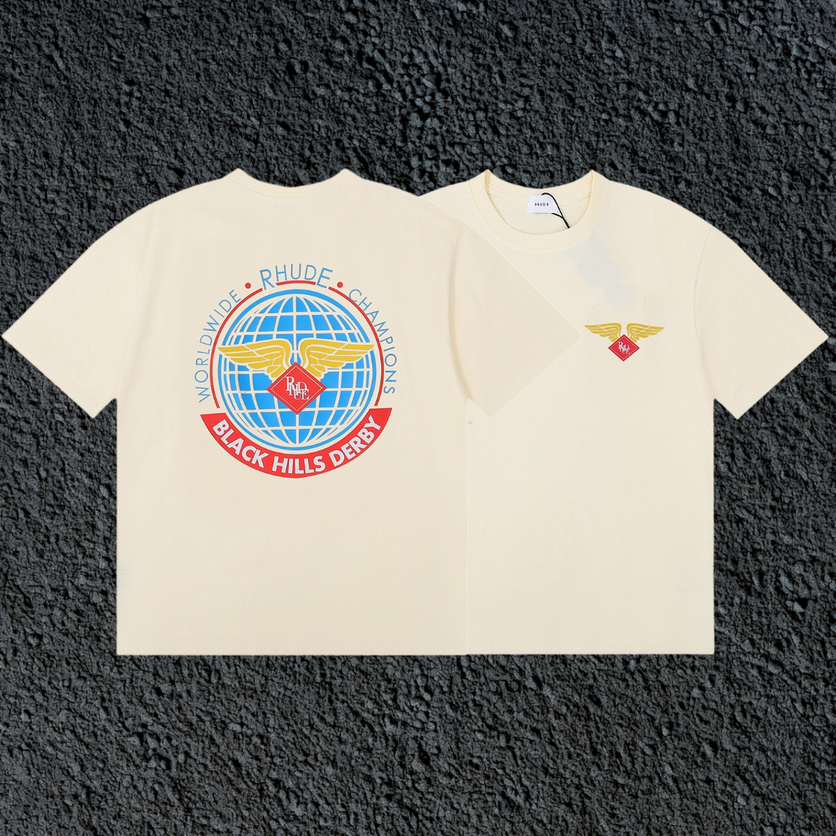 Rhude Black Hills Derby Globe Wing Back Print Cream Oversized T‑Shirt