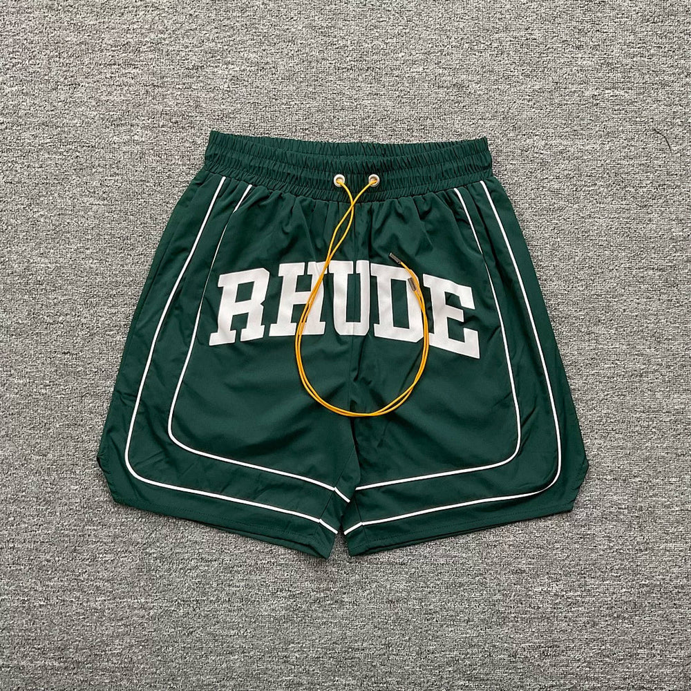 Rhude Teal Varsity Stripe Nylon Shorts