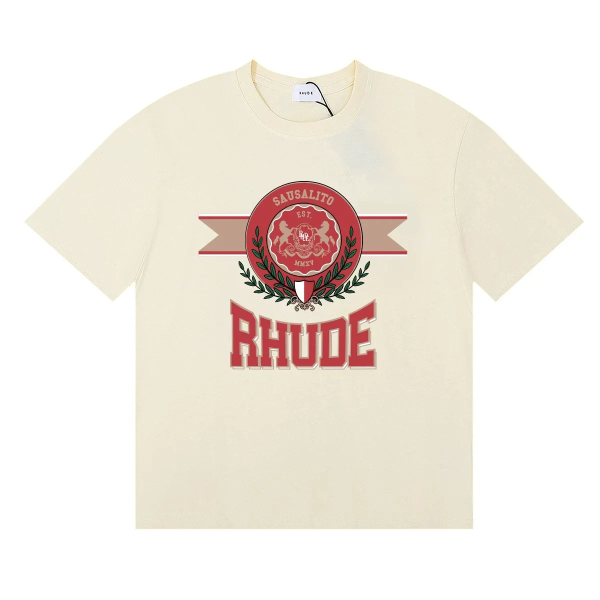Rhude Sausalito Laurel Crest Varsity Logo Cream Oversized T‑Shirt