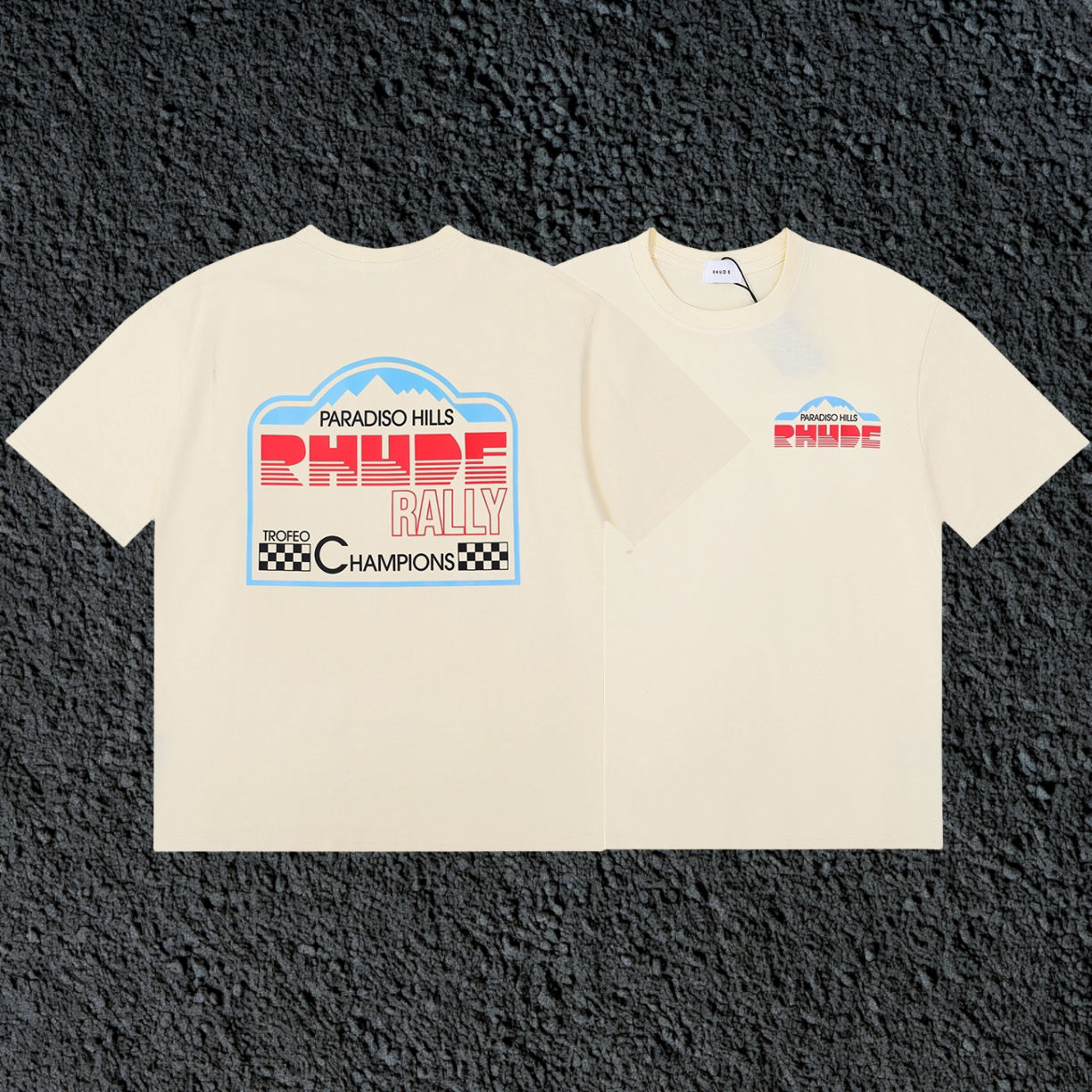 Rhude Paradiso Hills Rally Racing Dual Sided Cream Oversized T‑Shirt