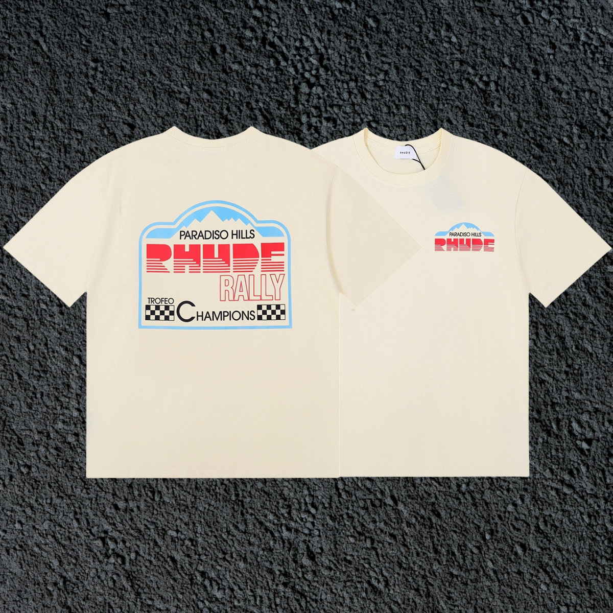 Rhude Paradiso Hills Rally Racing Dual Sided Cream Oversized T‑Shirt