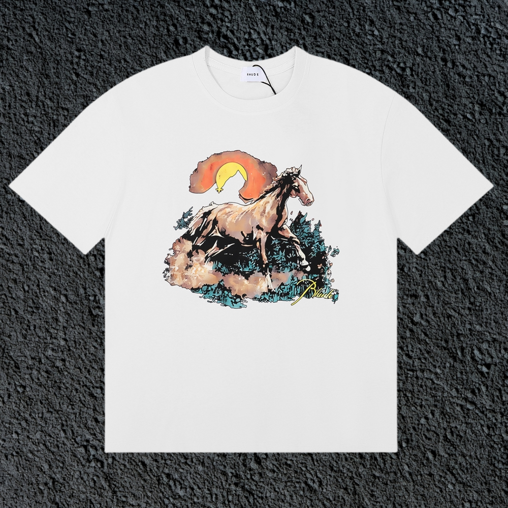 Rhude Wild Horse Sunset Western Landscape White Oversized T‑Shirt