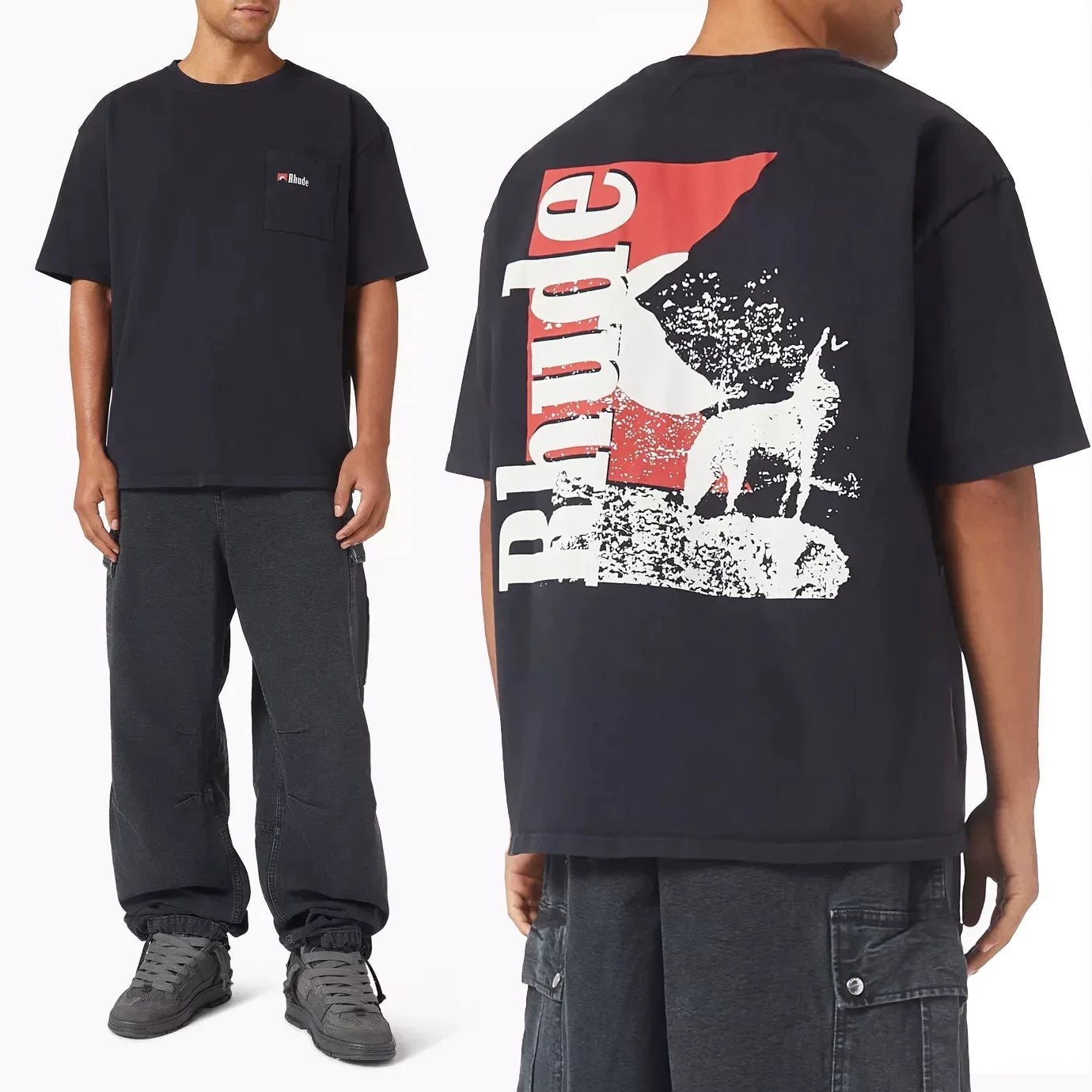 Rhude Wolf Mountain Back Print Pocket Oversized T‑Shirt Black