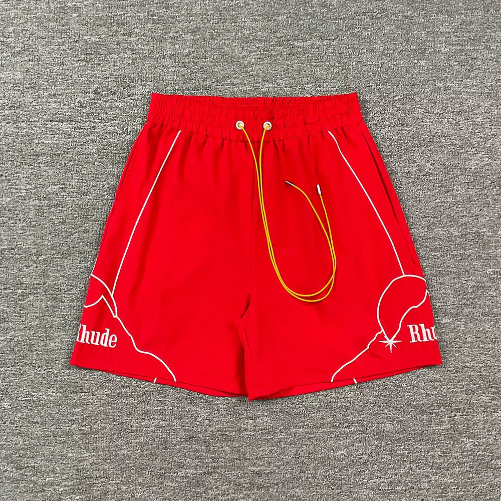 Rhude Outline Print Red Nylon Shorts
