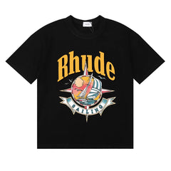 Rhude Sailing Compass Sailboat Vintage Graphic Black Oversized T‑Shirt