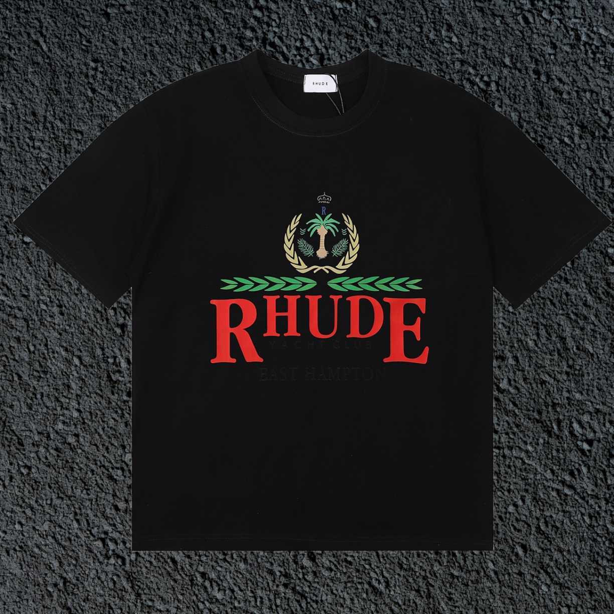 Rhude East Hampton Yacht Club Palm Crest Vintage Black Oversized T‑Shirt