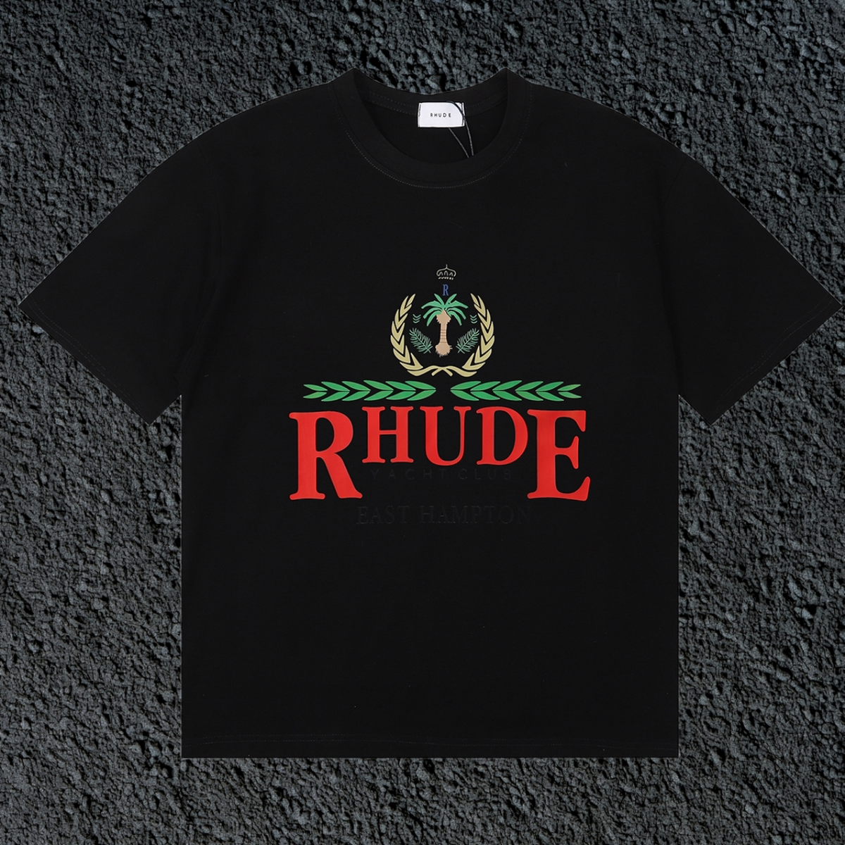 Rhude East Hampton Yacht Club Palm Crest Vintage Black Oversized T‑Shirt