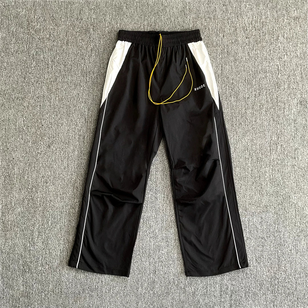 Rhude Knee Pleated Color‑Block Wide Leg Nylon Track Pants Black