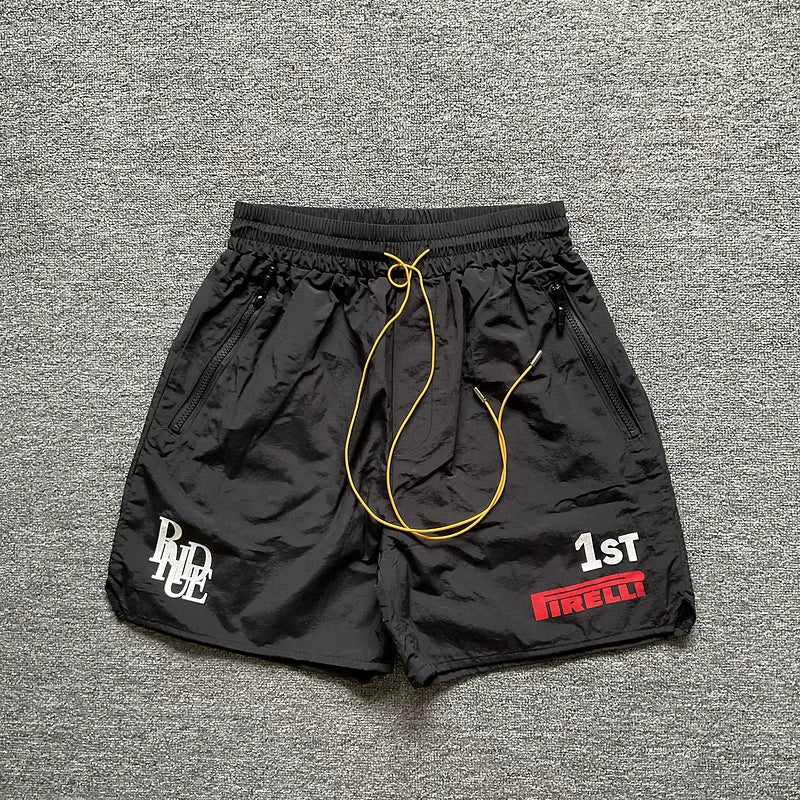 Rhude Black Nylon Racing Graphic Shorts