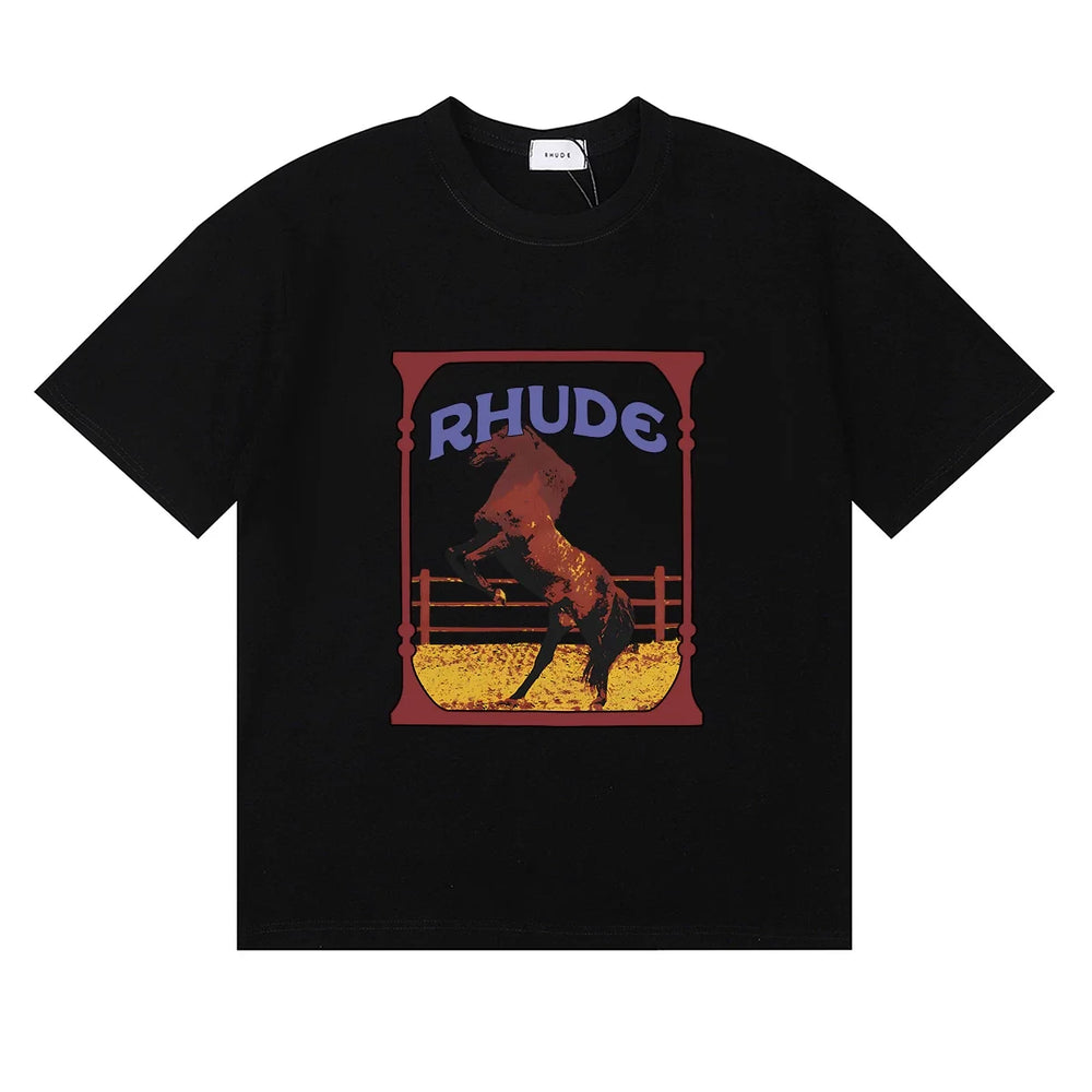 Rhude Wild Steed Horse Frame Vintage Print Black Oversized T‑Shirt