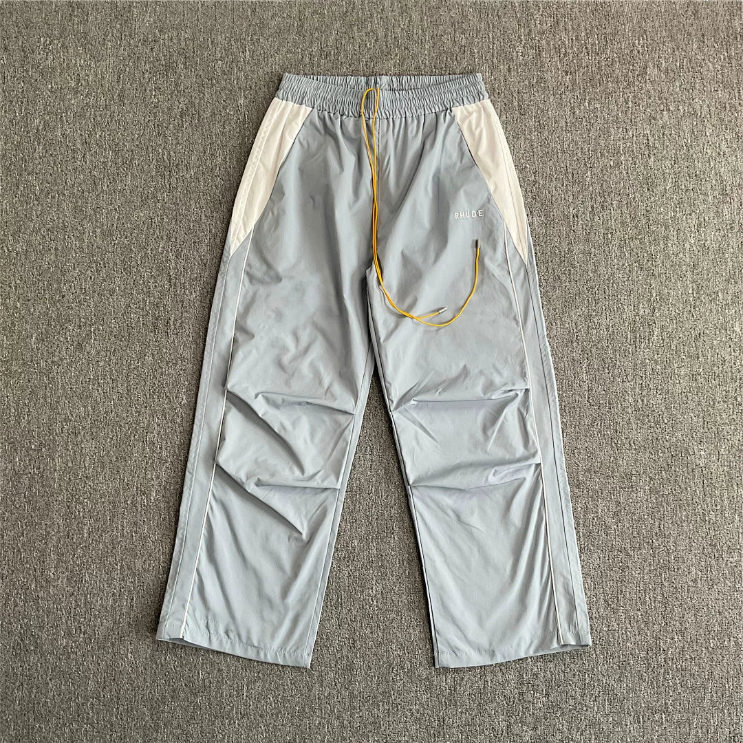 Rhude Knee Pleated Color‑Block Wide Leg Nylon Track Pants Grey