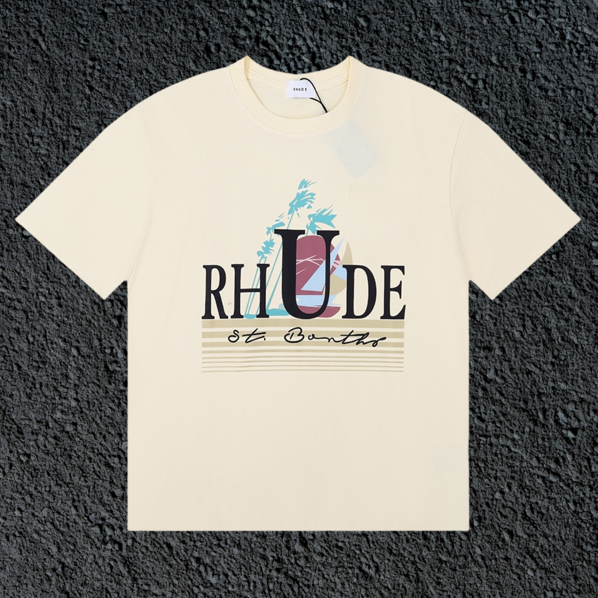 Rhude St Barts Palm Retro Striped Logo Cream Oversized T‑Shirt