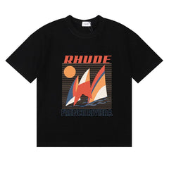 Rhude French Riviera Sailboat Retro Summer Black Oversized T‑Shirt