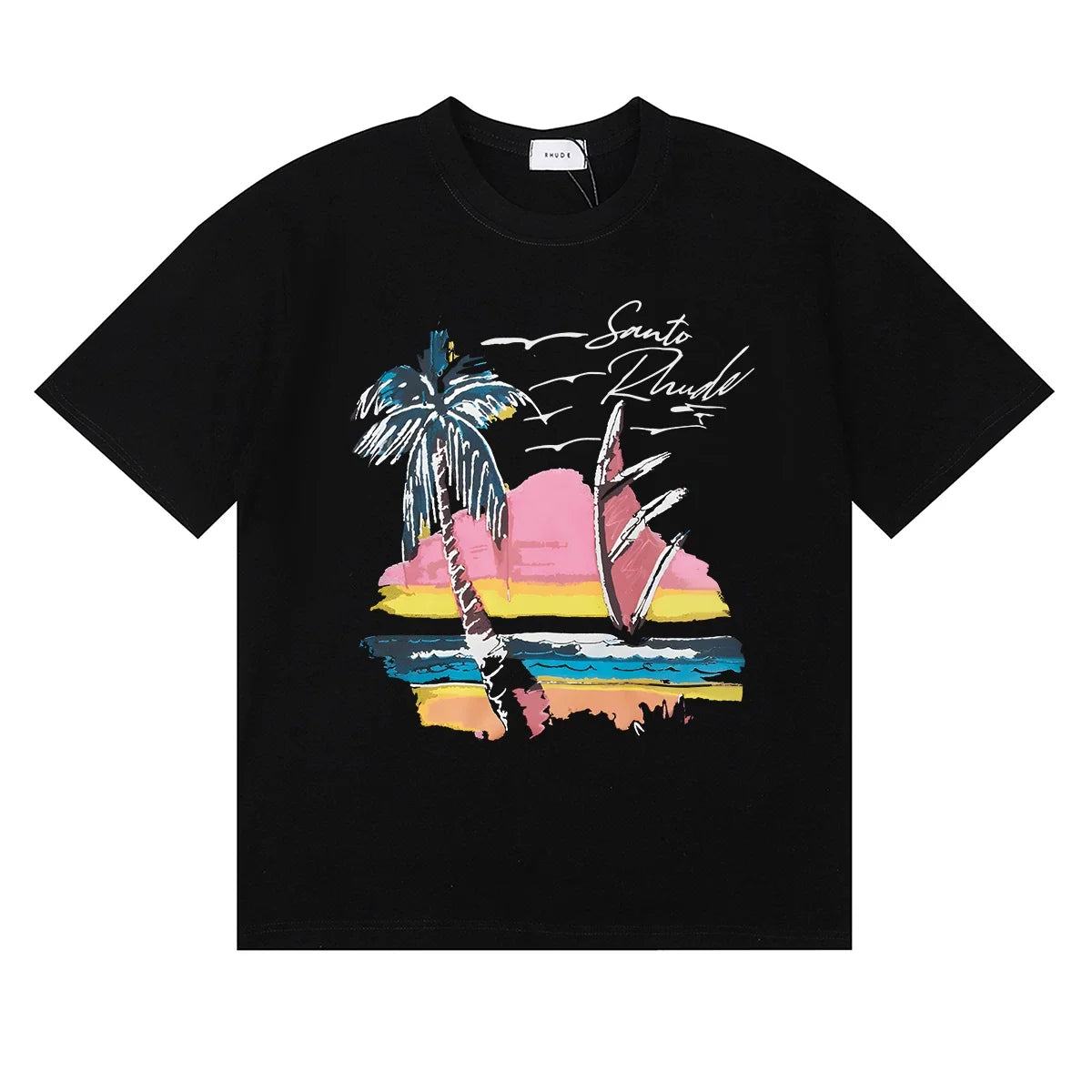 Rhude Sunset Beach Palm Sailboat Coastal Vintage Black Oversized T‑Shirt