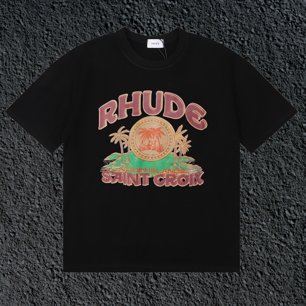 Rhude Saint Croix Palm Island Vintage Black Oversized T‑Shirt
