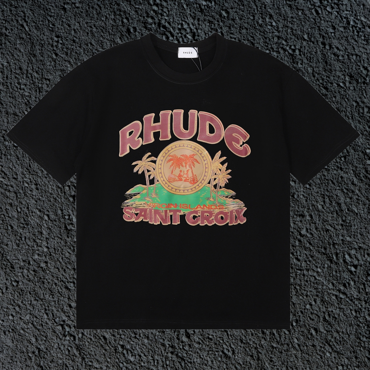 Rhude Saint Croix Palm Island Vintage Black Oversized T‑Shirt