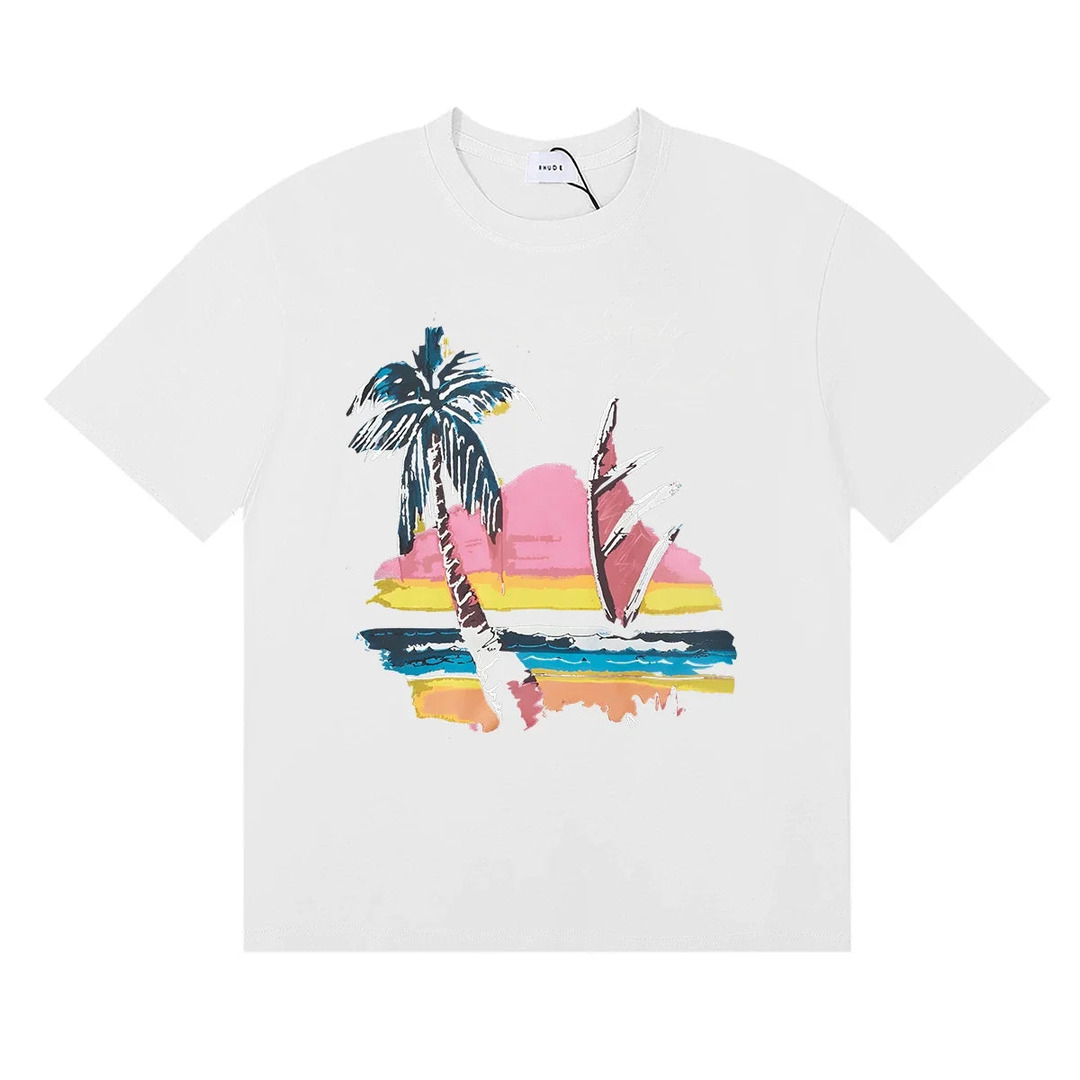Rhude Sunset Beach Palm Sailboat Coastal Vintage White Oversized T‑Shirt