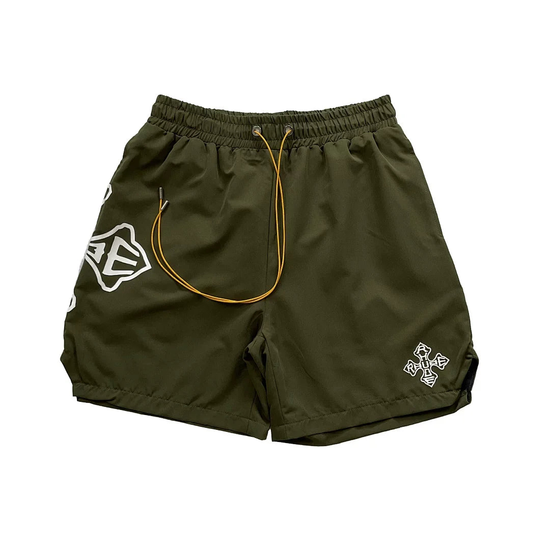 Rhude Cross Graphic Olive Green Nylon Shorts
