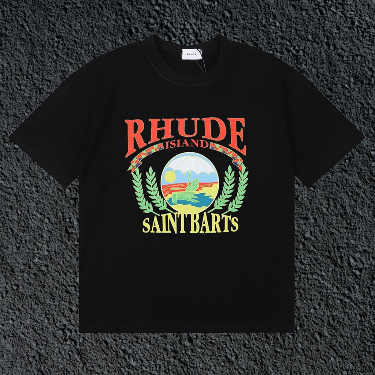 Rhude Saint Barts Island Wreath Badge Black Oversized T‑Shirt