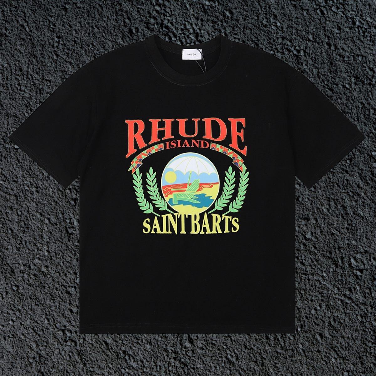 Rhude Saint Barts Island Wreath Badge Black Oversized T‑Shirt
