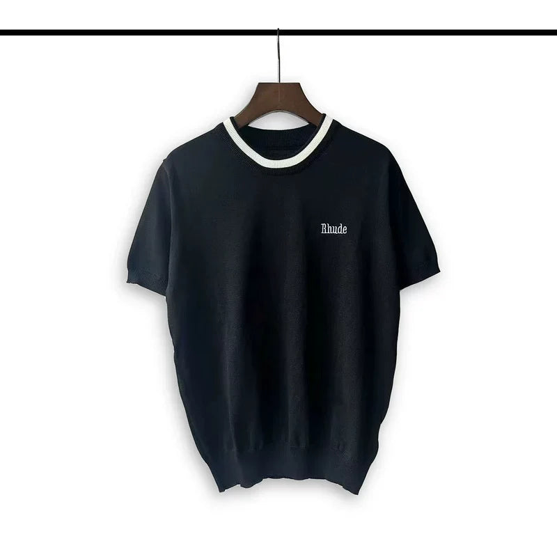 Rhude Contrast Collar Trim Knit Short Sleeve Oversized T‑Shirt