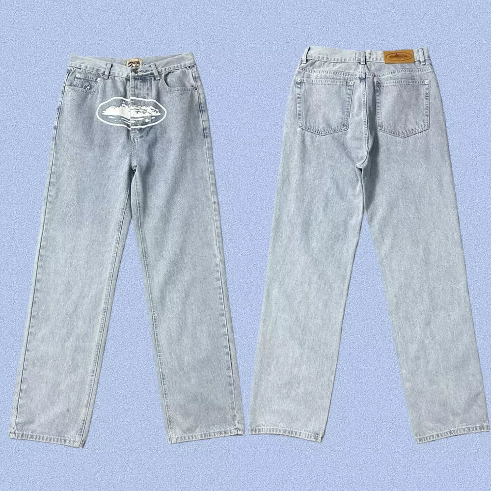 Corteiz Alcatraz Island Front Logo Heavyweight Denim Pants - Light Blue