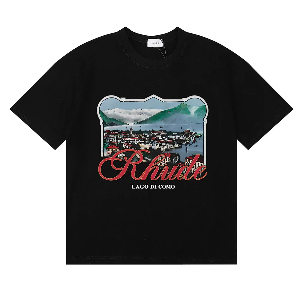 Rhude Coastal Town Postcard Scenery Red Script Logo Black Oversized T‑Shirt