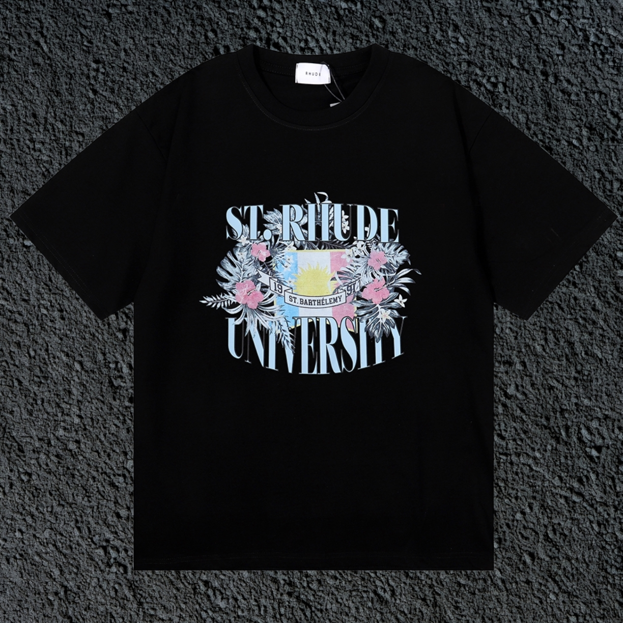 Rhude St.Rhude University Floral Crest Black Oversized T‑Shirt