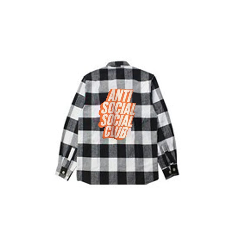 Anti Social Social Club Black White Plaid Orange Sticker Logo Flannel Shirt