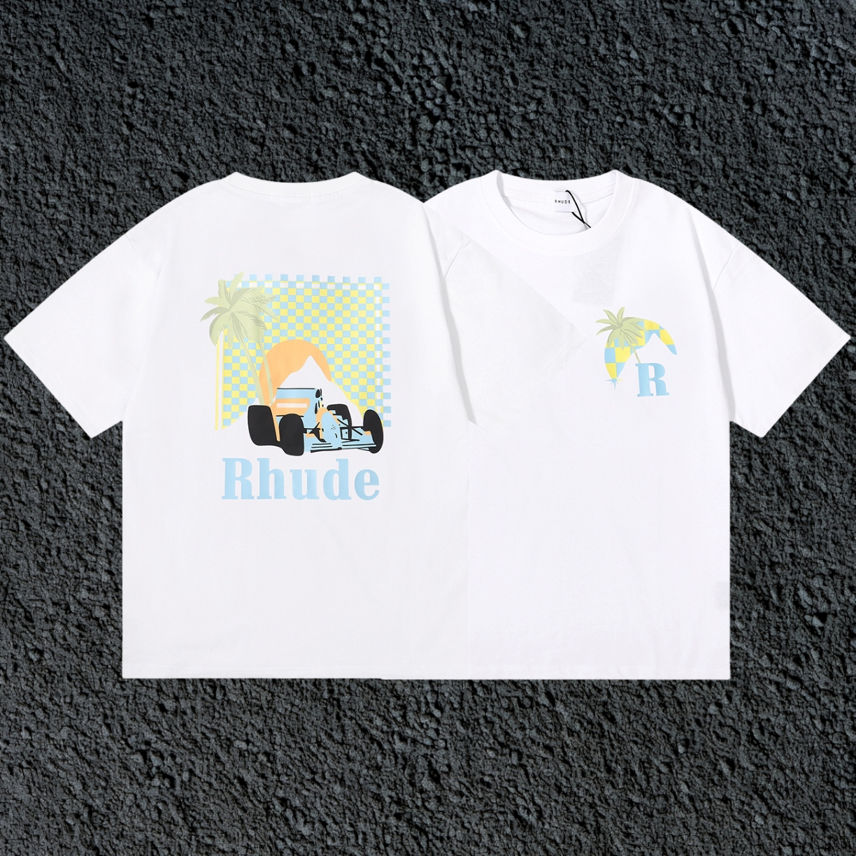 Rhude F1 Race Car Mountain Dual Sided White Oversized T‑Shirt